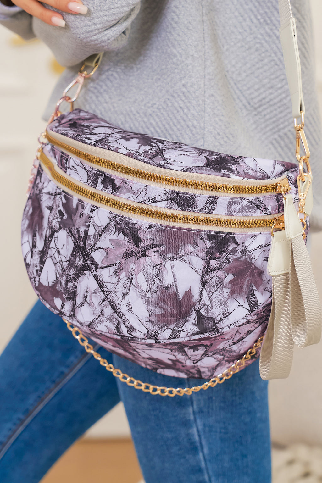 Vineyard Green Abstract/ Camouflage/ Polka Dot/ Leopard Print Double Zip Fashion Crossbody Bag