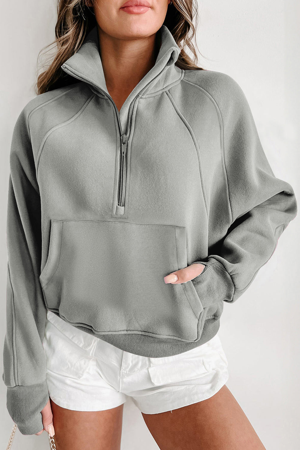 Phalaenopsis Zip Up Stand Collar Ribbed Thumbhole Sleeve Sweatshirt