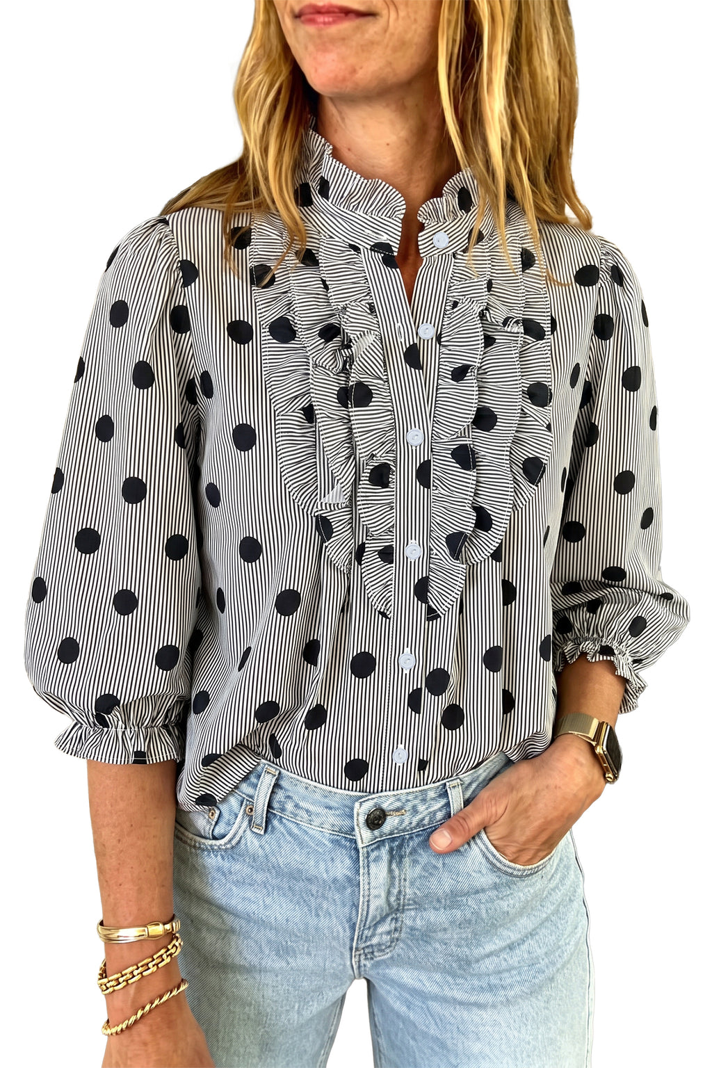 Fiery Red Polka Dot Striped Print Ruffle Stand Neck 3/4 Sleeve Shift Shirt