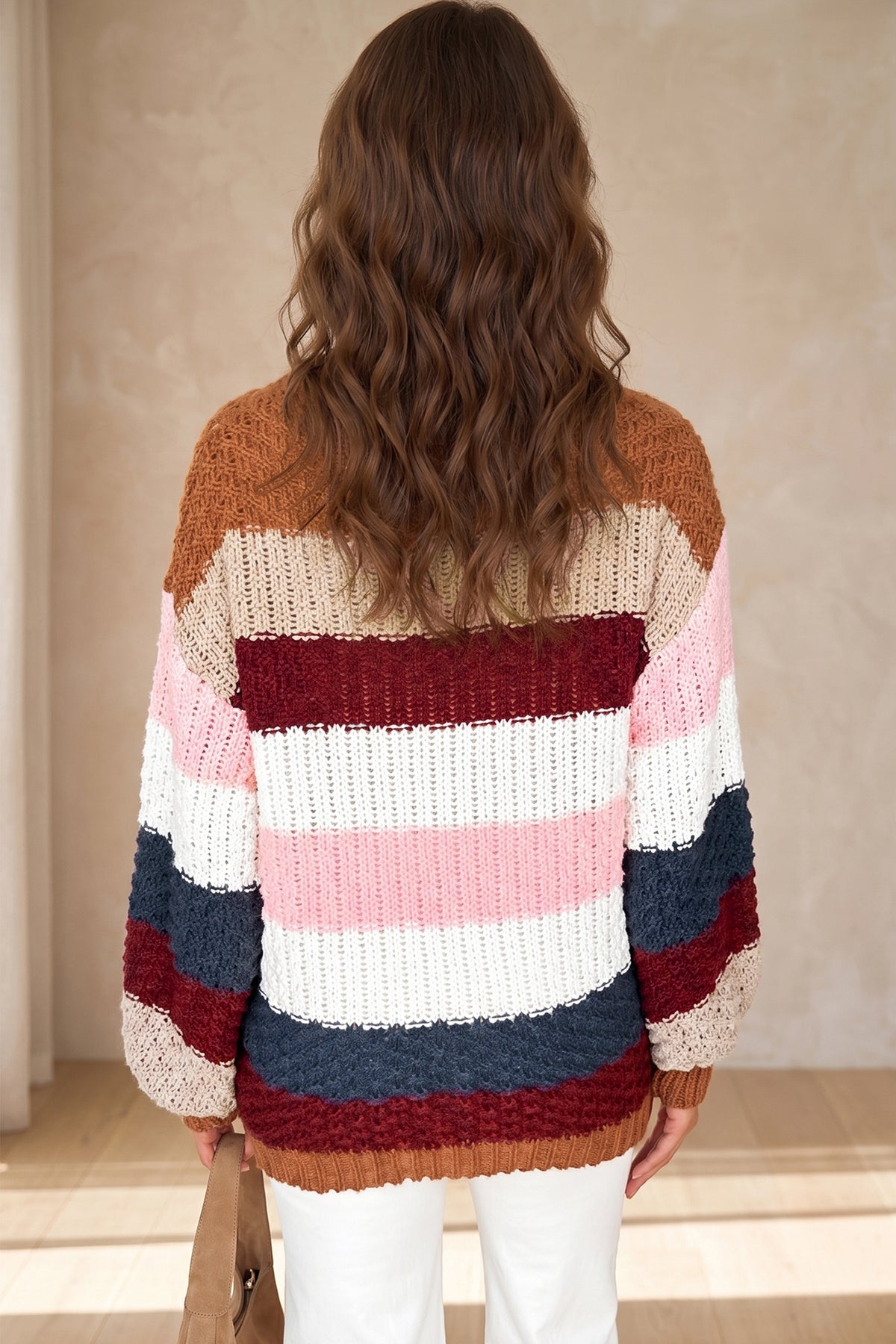 Multicolour Striped Knit Dropped Shoulder Round Neck Pullover Sweater