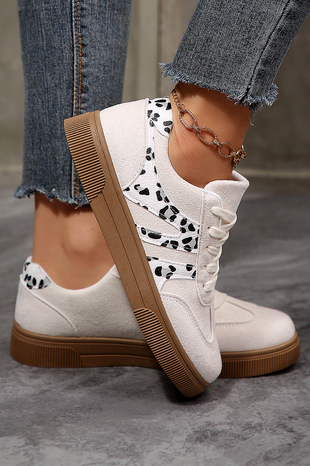 White Suede Leopard Color Block Trim Lace-up Casual Shoes
