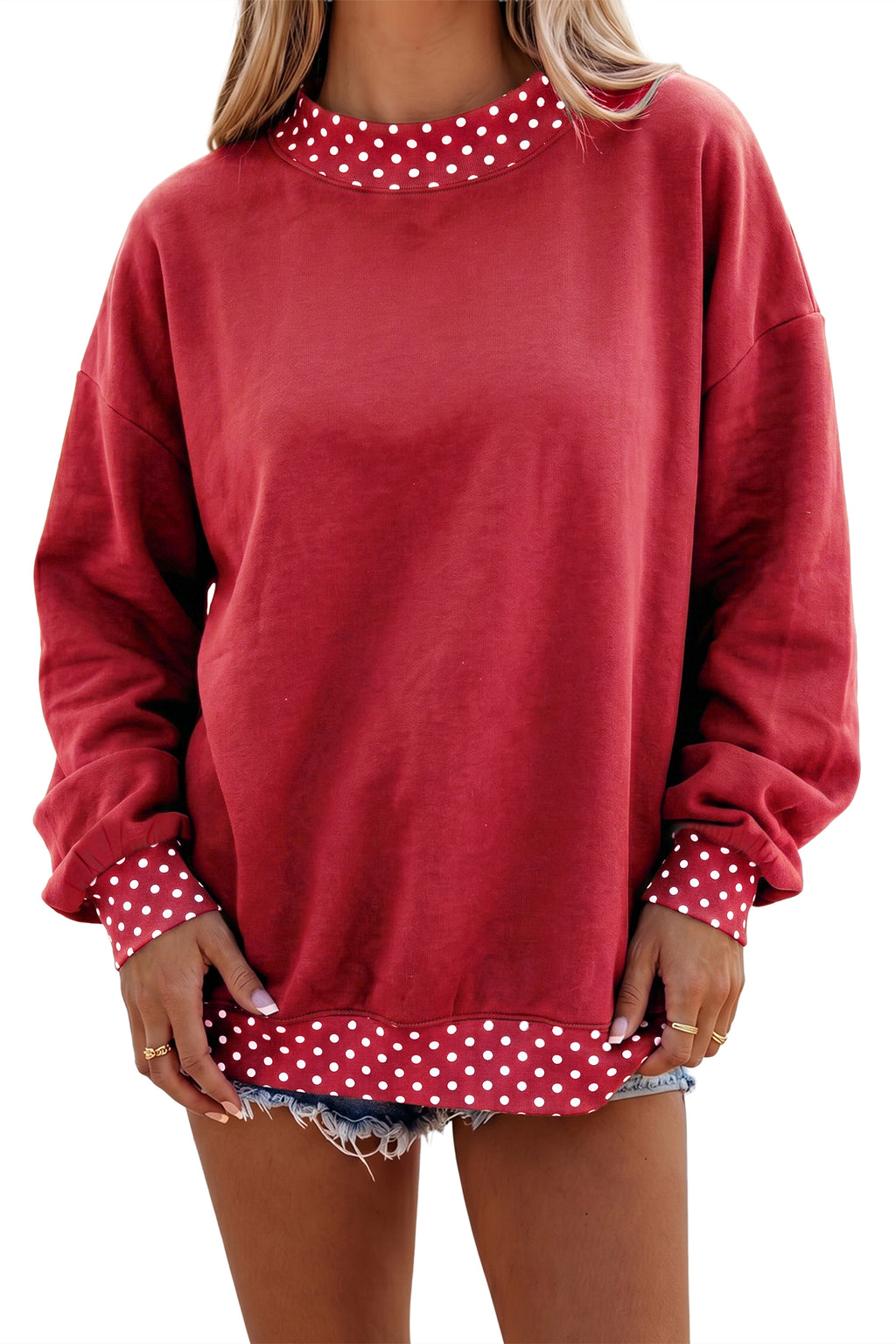 Red Colorblock Polka Dot Contrast Trim Oversized Sweatshirt