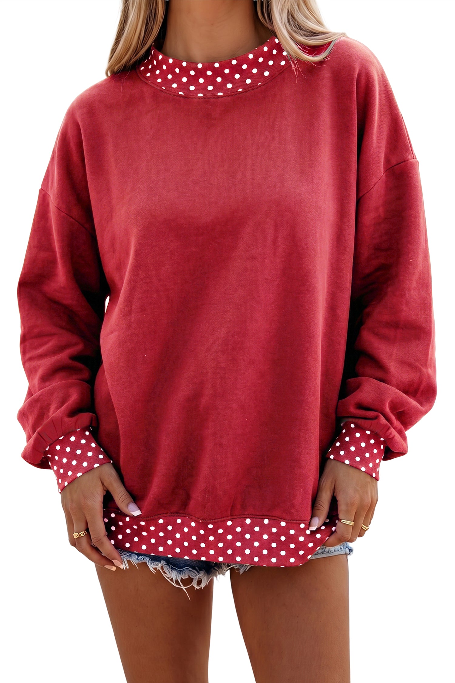 Red Colorblock Polka Dot Contrast Trim Oversized Sweatshirt