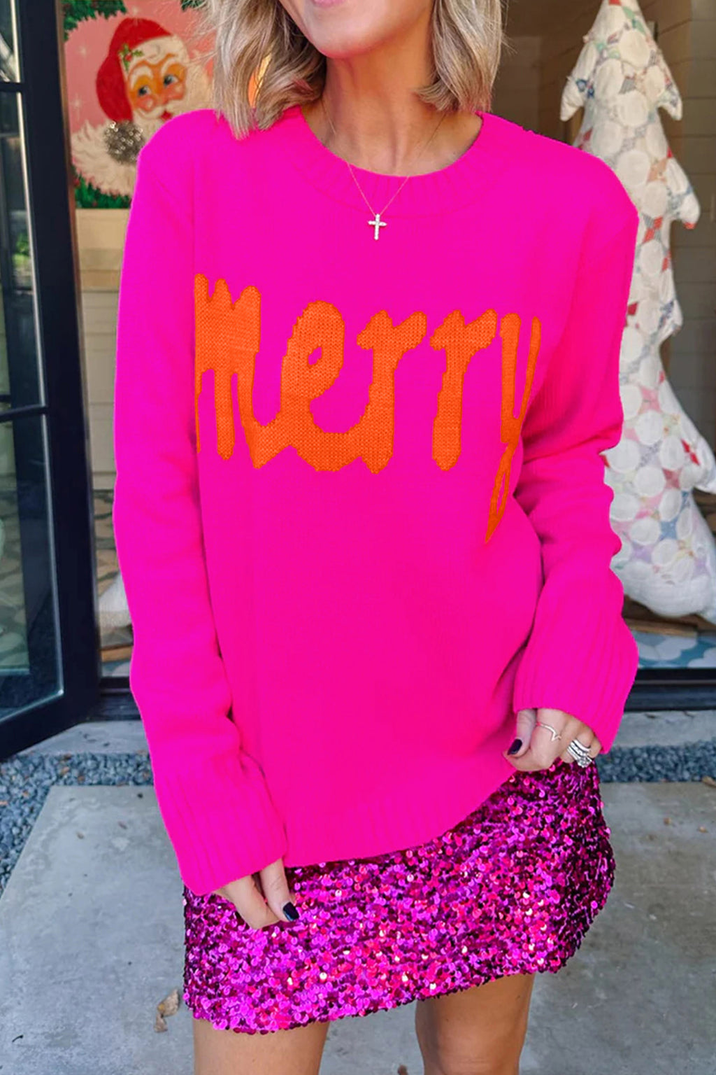 Bright Green Merry Print Ribbed Trim Round Neck Loose Fit Sweater