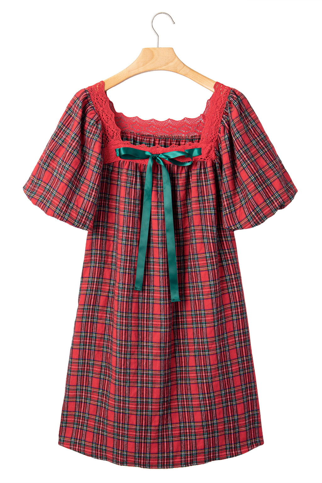 Red Plaid Square Collar Lace Trim Short Sleeve Shift Mini Dress