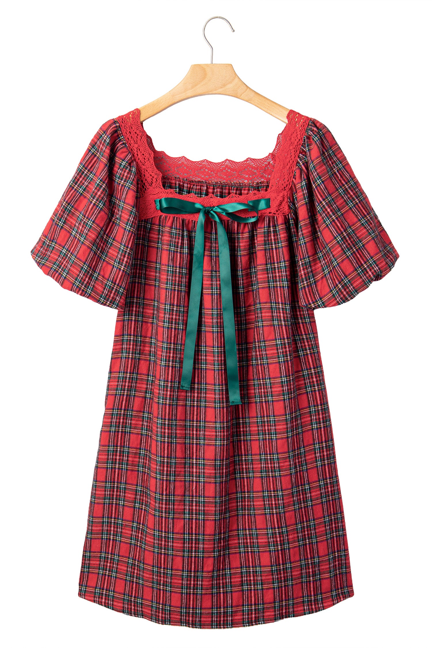 Red Plaid Square Collar Lace Trim Short Sleeve Shift Mini Dress