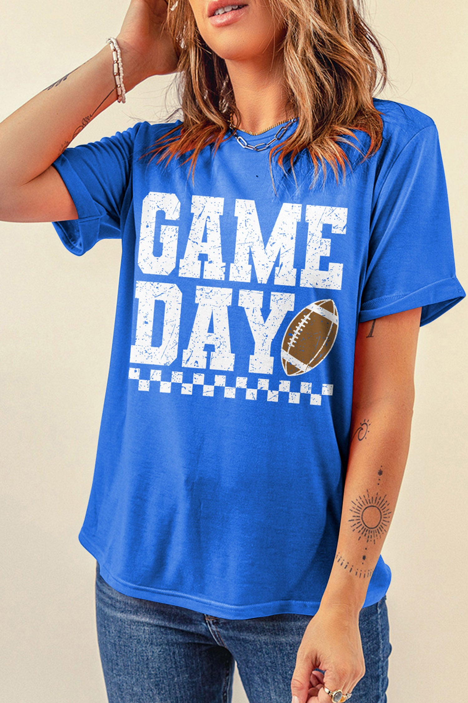 Dark Blue GAME DAY Checkered Print Rugby Graphic T Shirt