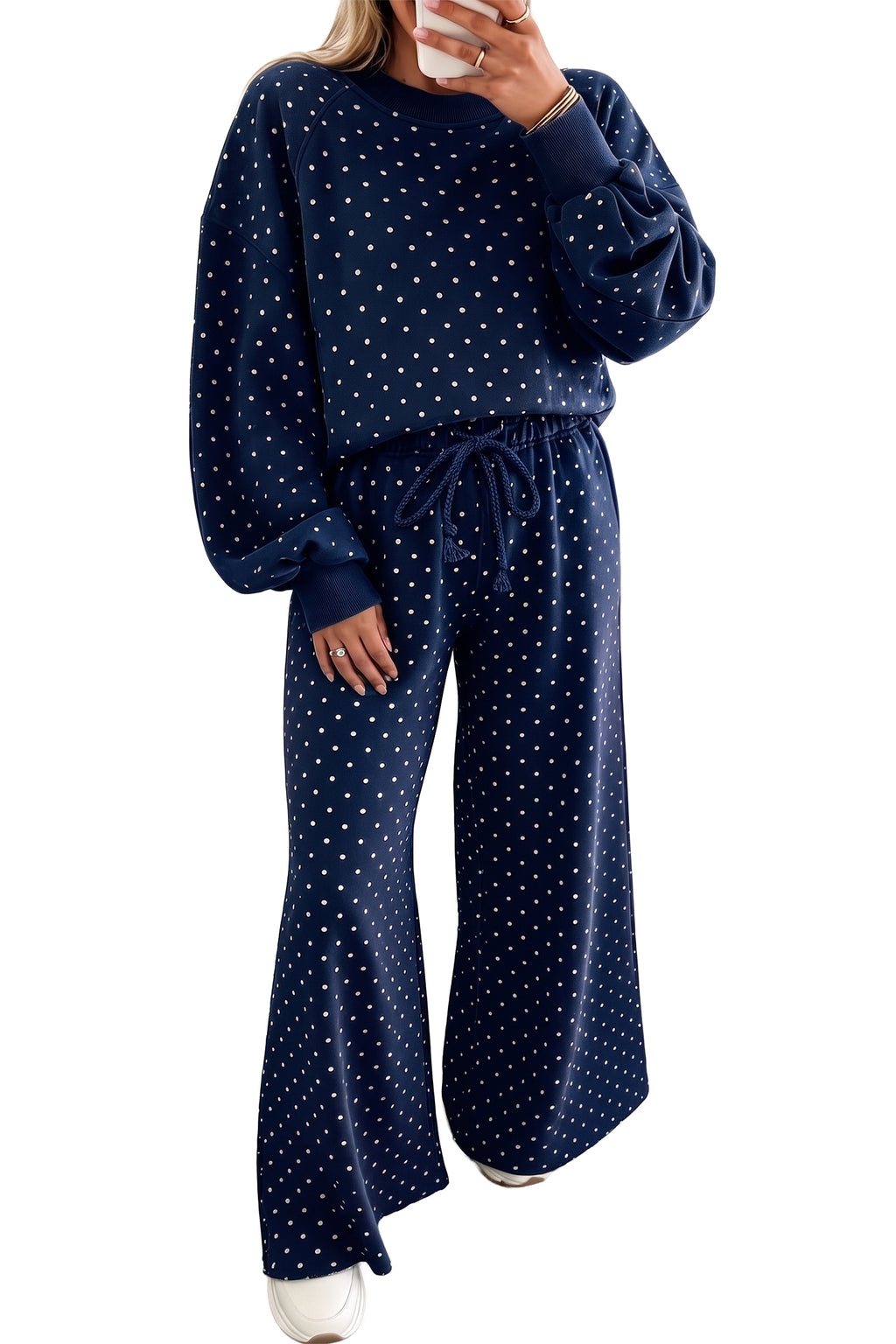 Red Polka Dot Drawstring Wide Leg Long Sleeve Top Pant Set