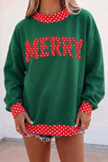 Dark Green Merry Christmas Slogan Polka Dot Contrast Trim Tunic Sweatshirt