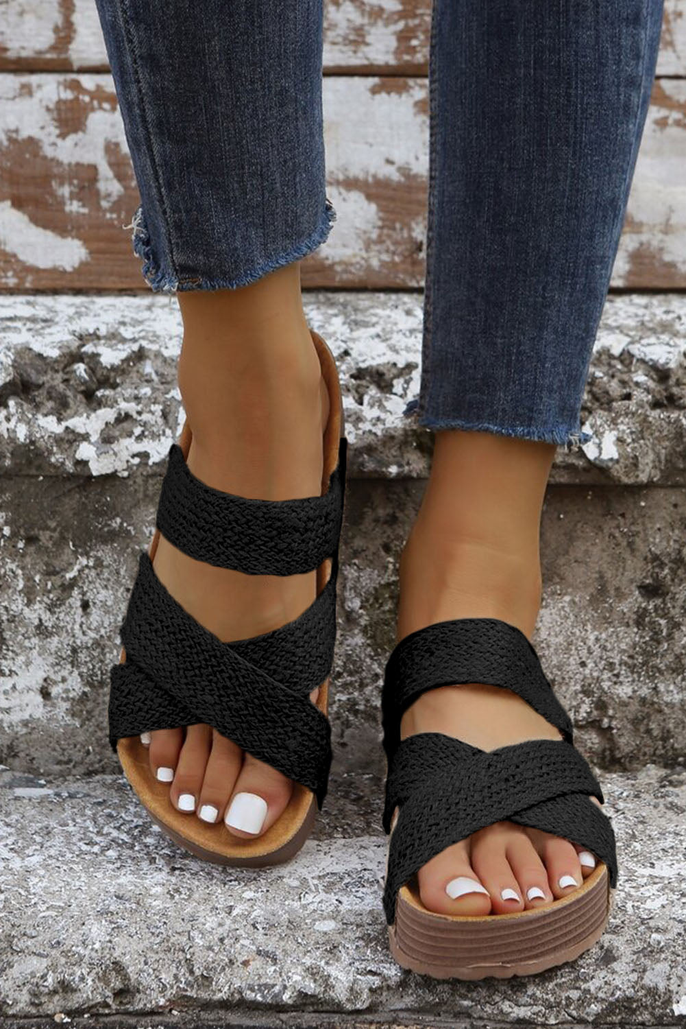 Beige Woven Criss Cross Strap Platform Slides Shoes