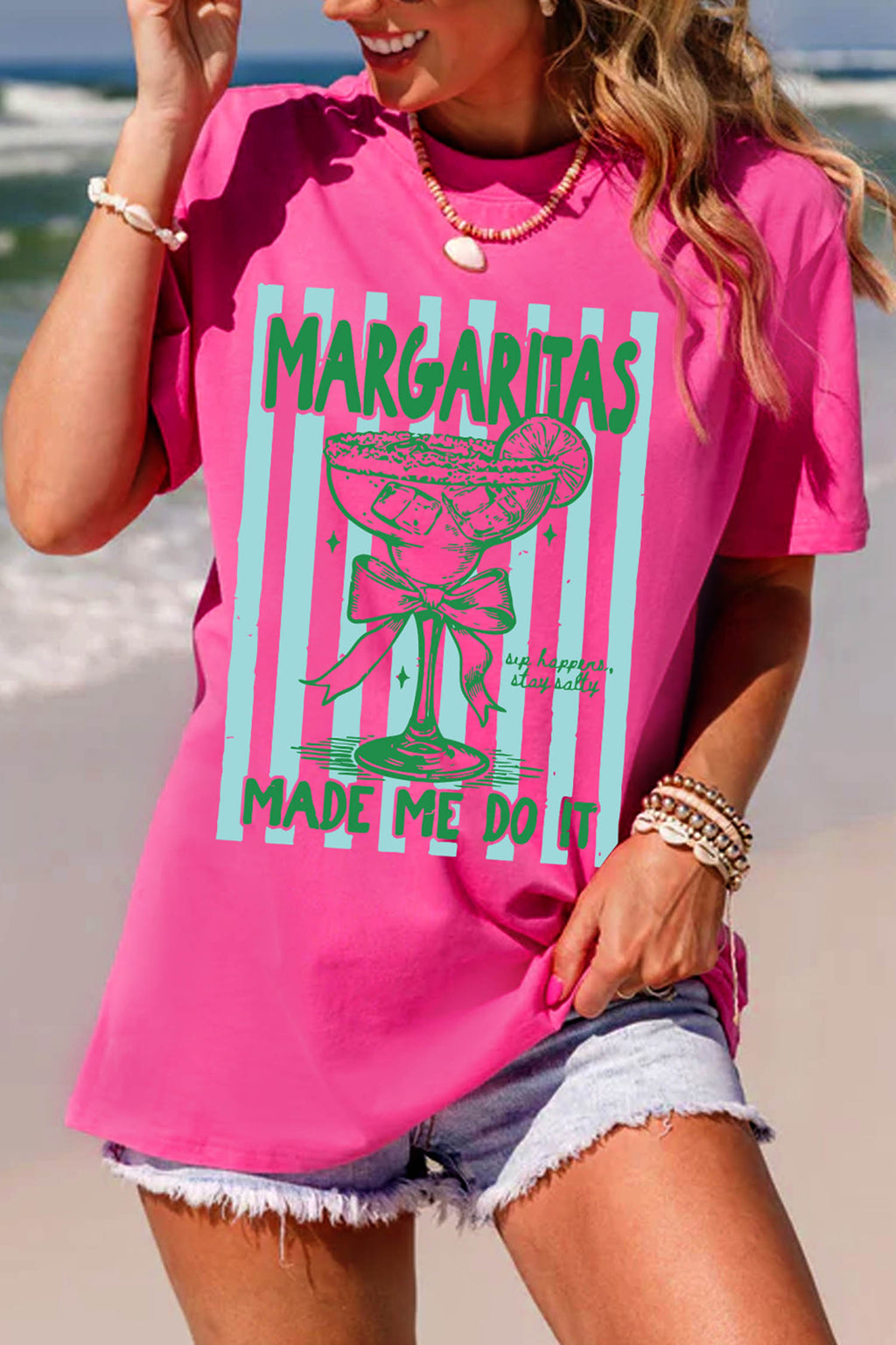 Rose Red Margaritas Made Me Do It Striped Graphic Beach Vacation Tee