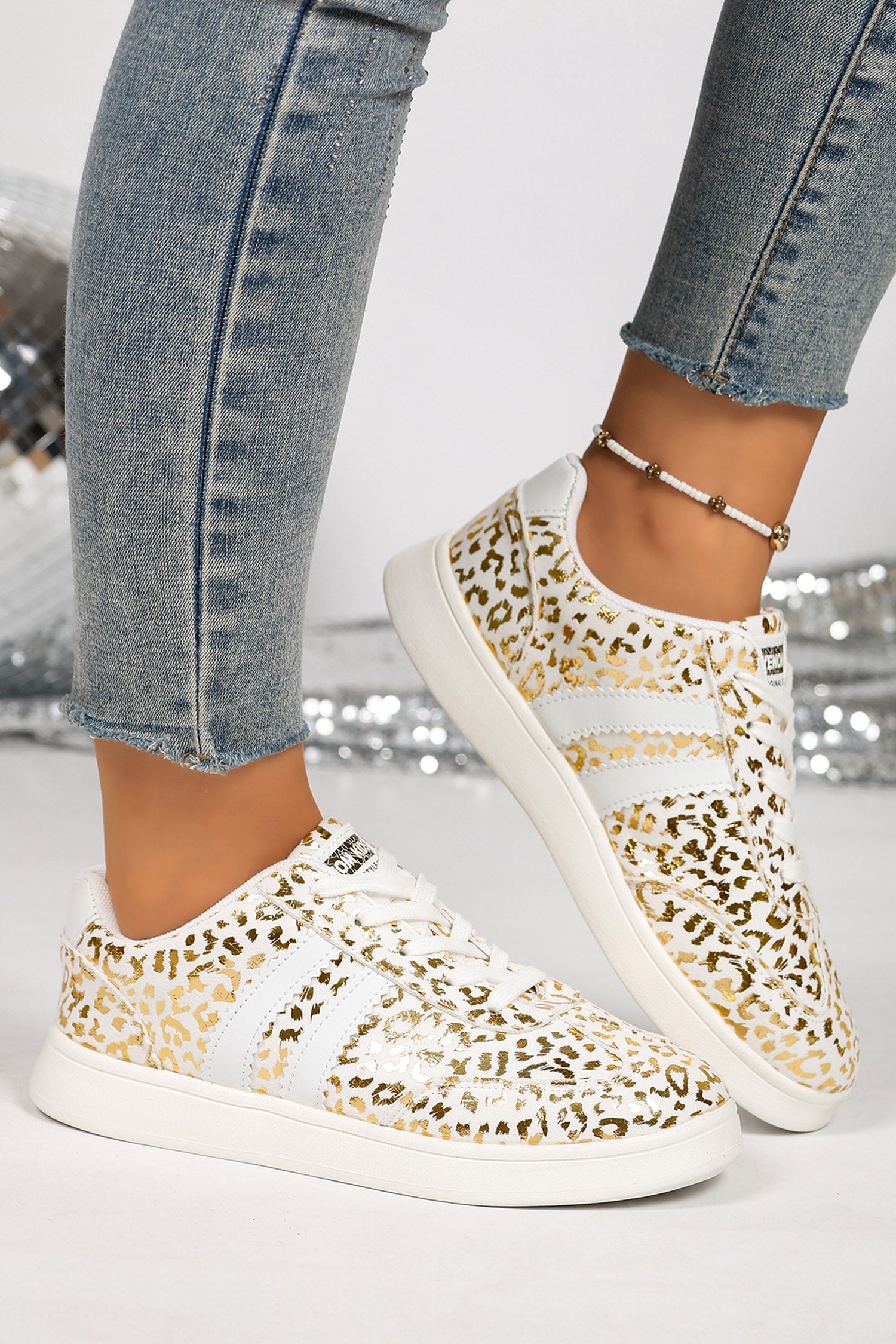 White Leopard Print PU Leather Detail Lace Up Casual Shoes