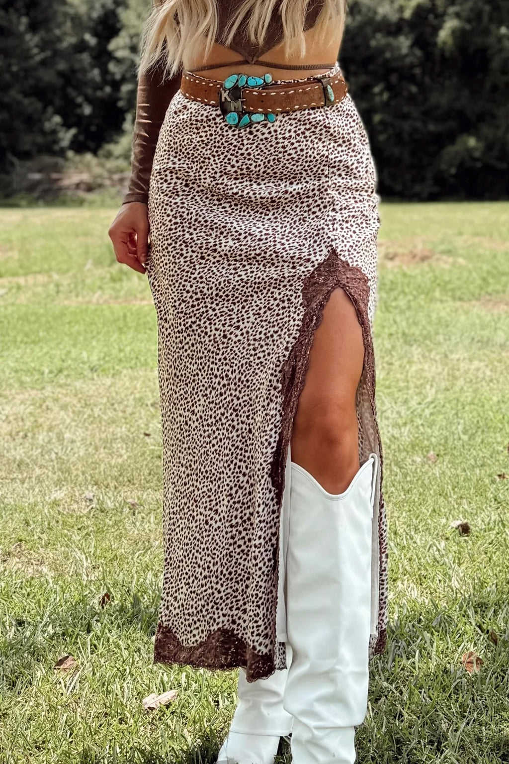 Multicolour Cheetah Print Trim Split Long Western Skirt
