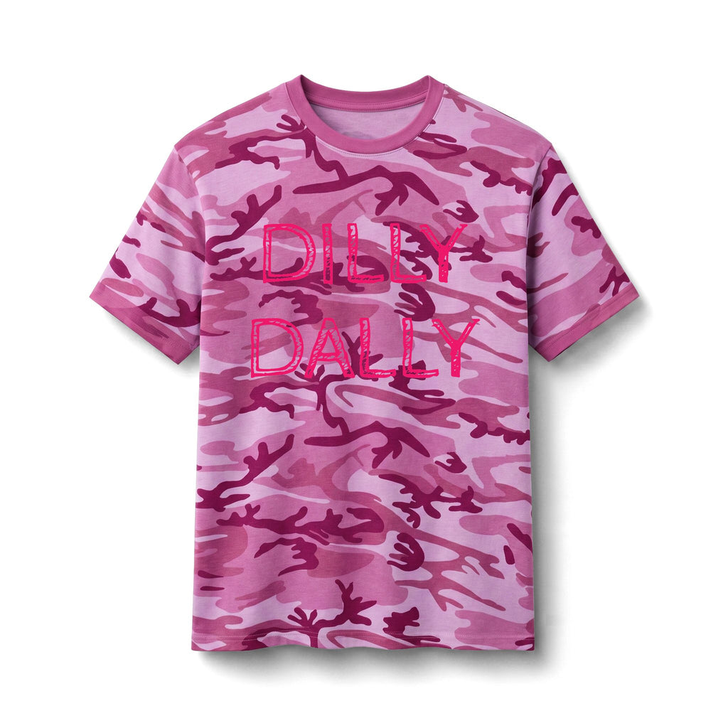 Camo Tee — “Dilly Dally” Pink Graphic Cotton T‑Shirt