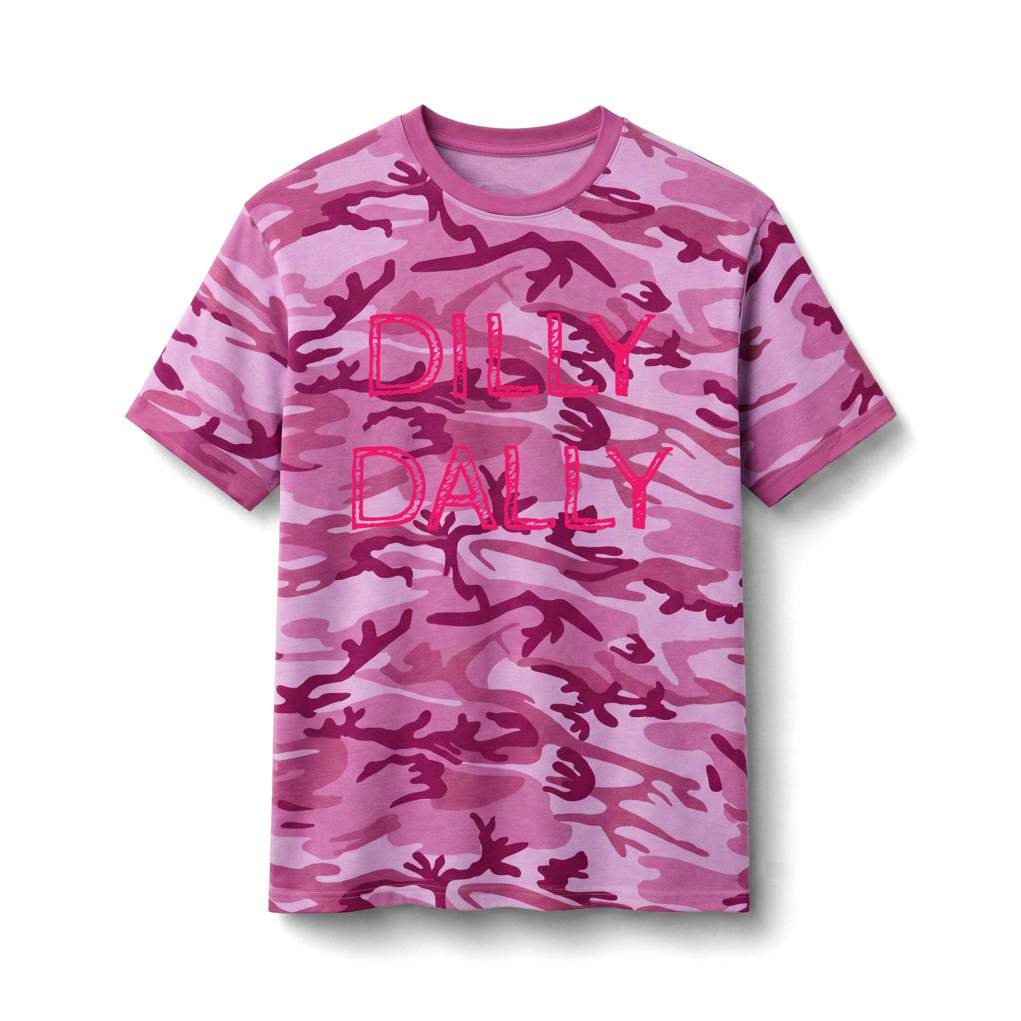 Camo Tee — “Dilly Dally” Pink Graphic Cotton T‑Shirt