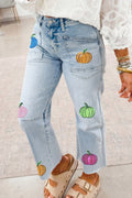 Beau Blue Sequin Pumpkin Patched Graphic Casual Shift Jeans