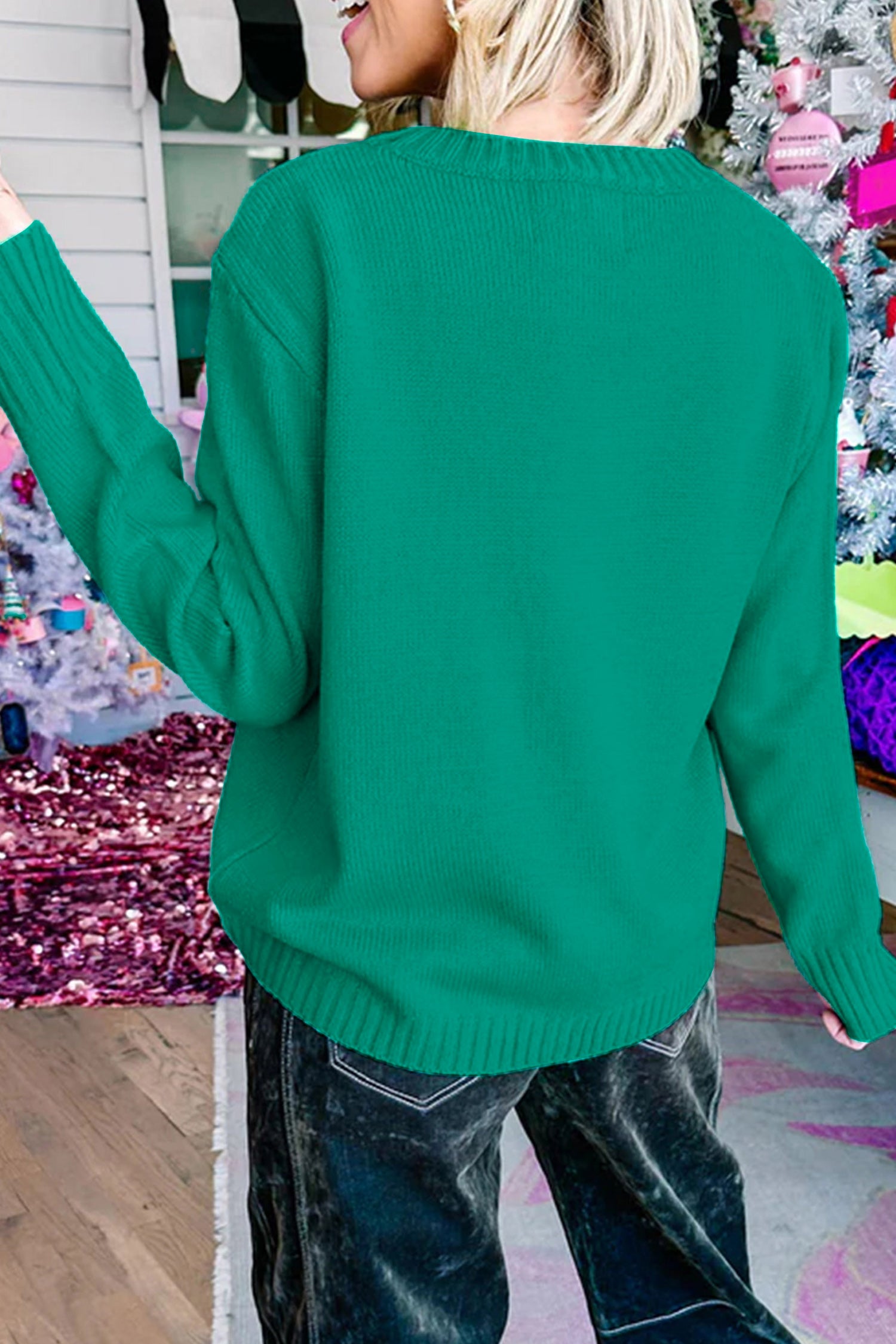 Bright Green Merry Print Ribbed Trim Round Neck Loose Fit Sweater