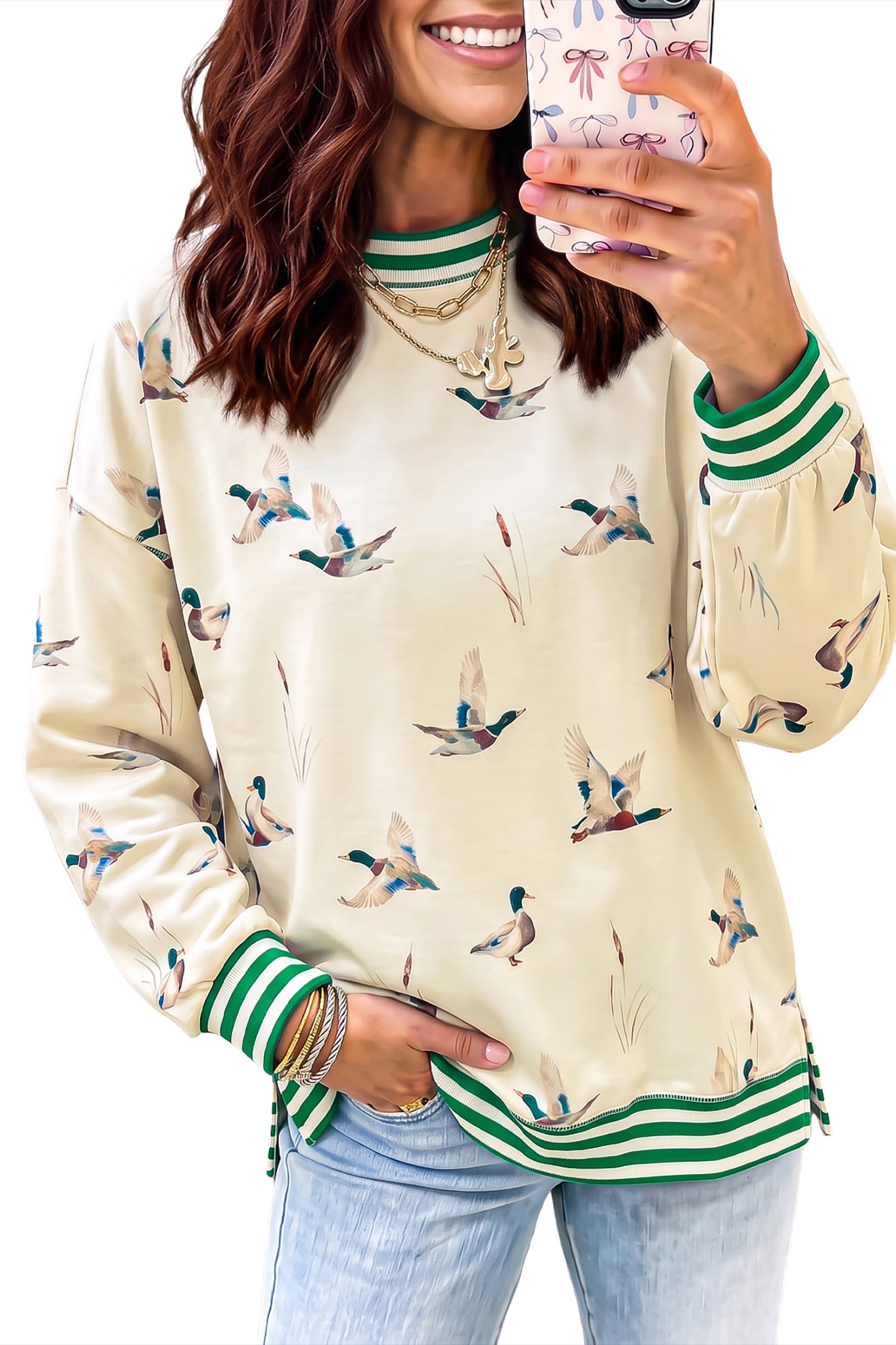 Beige Duck Print Striped Trim Cuffs Round Neck Casual Sweatshirt