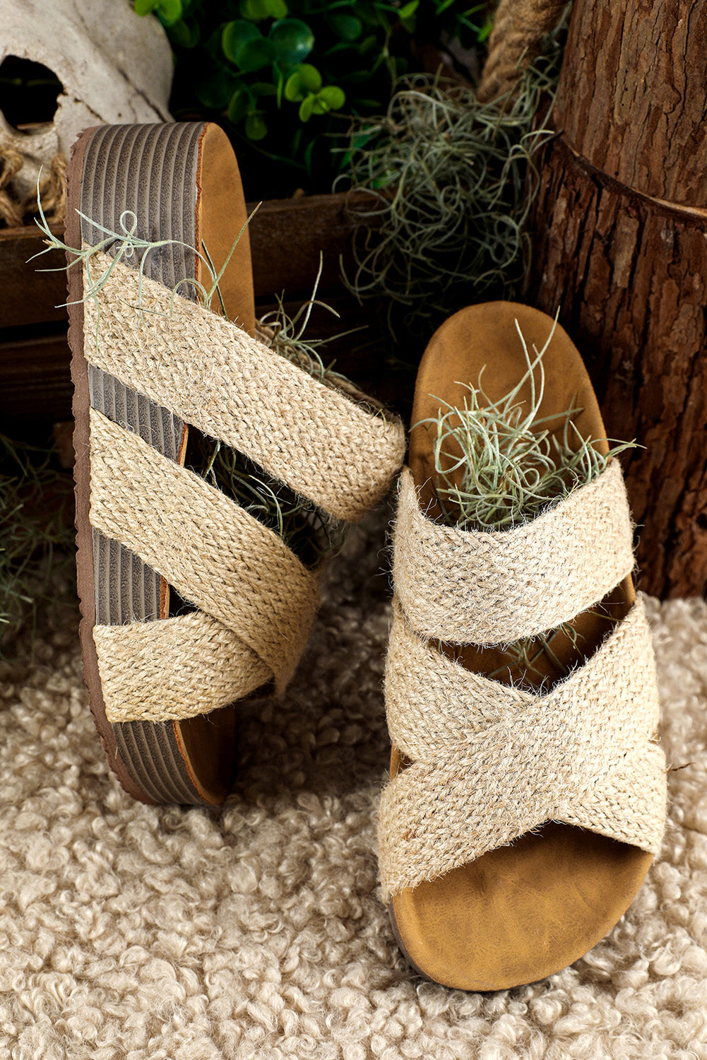 Beige Woven Criss Cross Strap Platform Slides Shoes