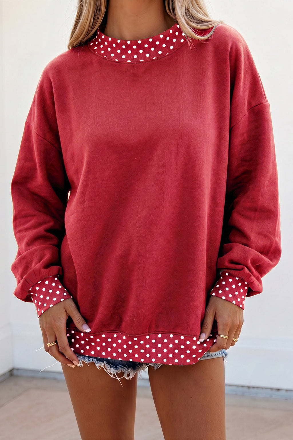 Red Colorblock Polka Dot Contrast Trim Oversized Sweatshirt