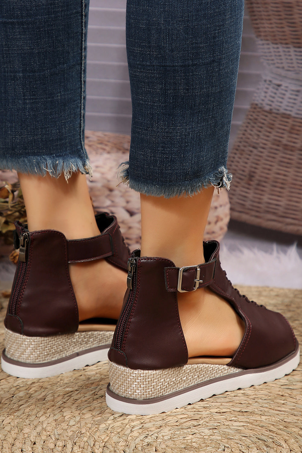PU Cutout Buckle Strap Platform Slides Shoes