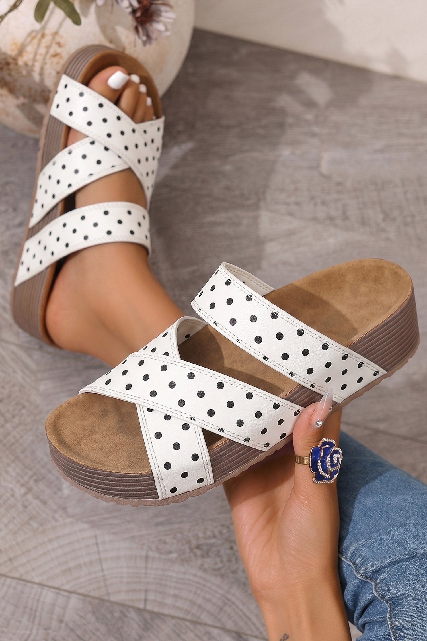 White Polka Dot Crossed Band Soft Suede Platform Slippers