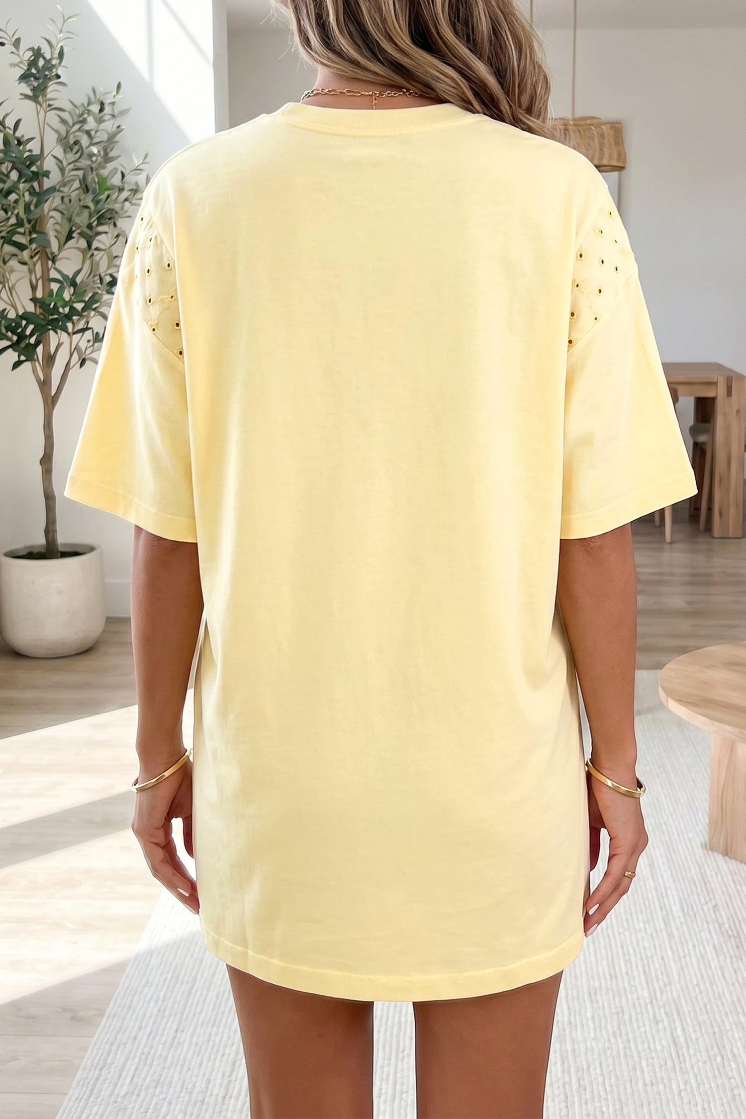 Yellow Cream Eyelet Embroidered Lace Splicing Sleeve Loose T Shirt Dress
