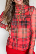 Red Plaid Round Neck Long Sleeve Pullover Top