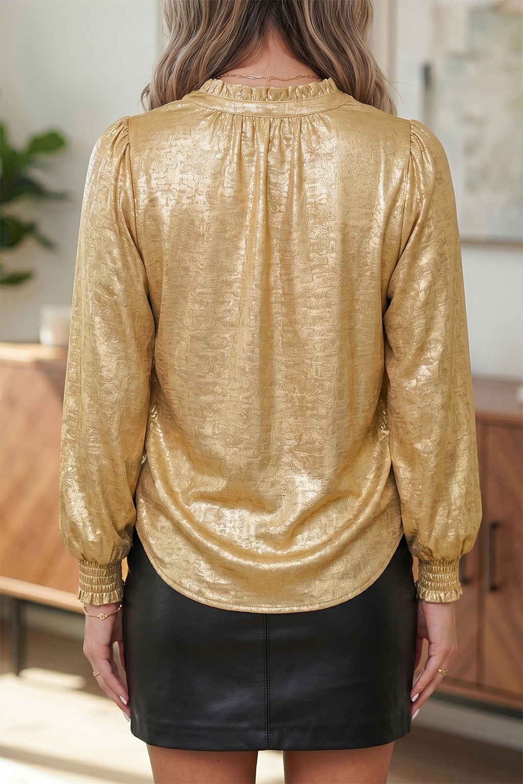 Gold Metallic Sheen V Neck Gathered Cuff Long Sleeve Blouse