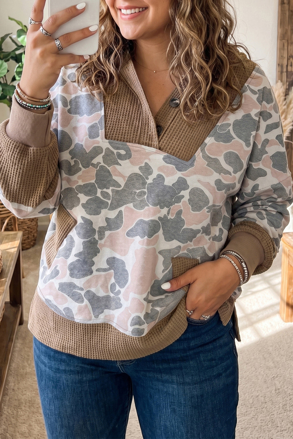 Khaki Camouflage Print Waffle Knit Patchwork Half Zip Plus Size Hoodie