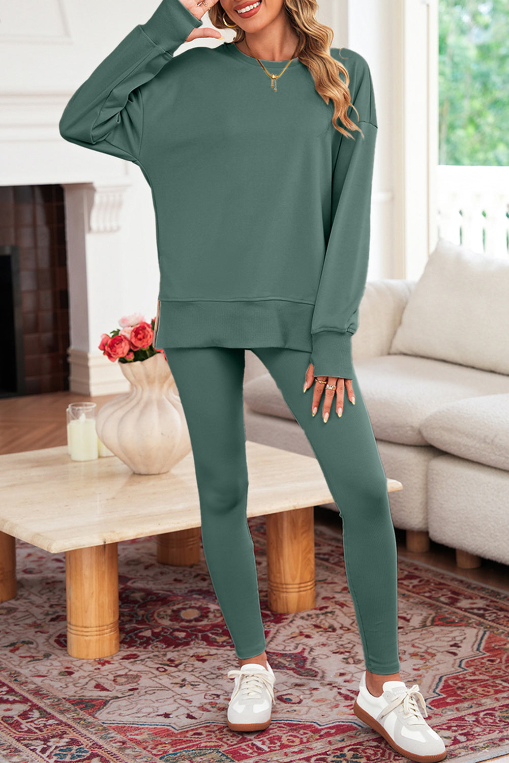 Orchid Mist Solid Color Oversized Slit Sweatshirt Ribbed Leggings Set