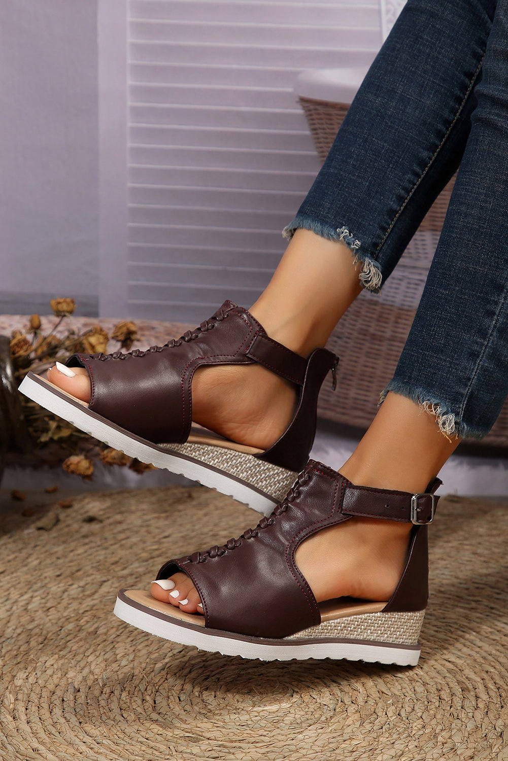 PU Cutout Buckle Strap Platform Slides Shoes