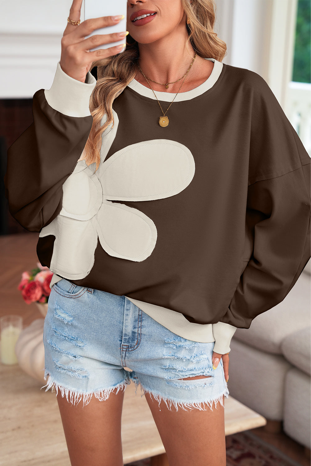 Smoke Green Raw Edge Flower Patch Drop Shoulder Long Sleeve Top
