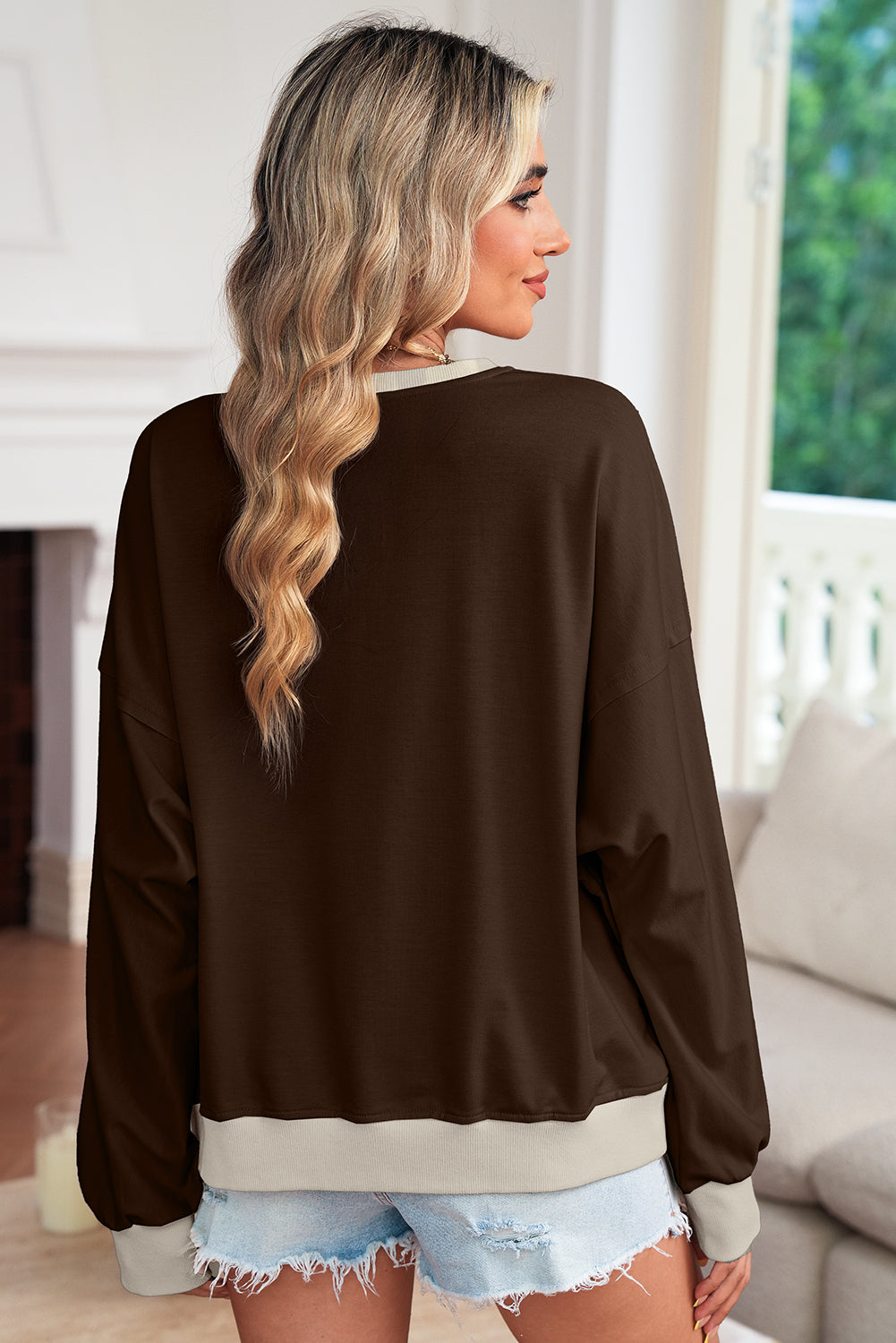 Smoke Green Raw Edge Flower Patch Drop Shoulder Long Sleeve Top