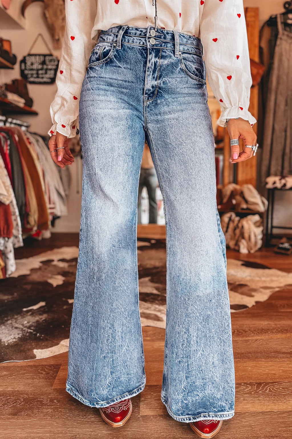 Sail Blue Acid Wash Pocket Detail Flare Jeans