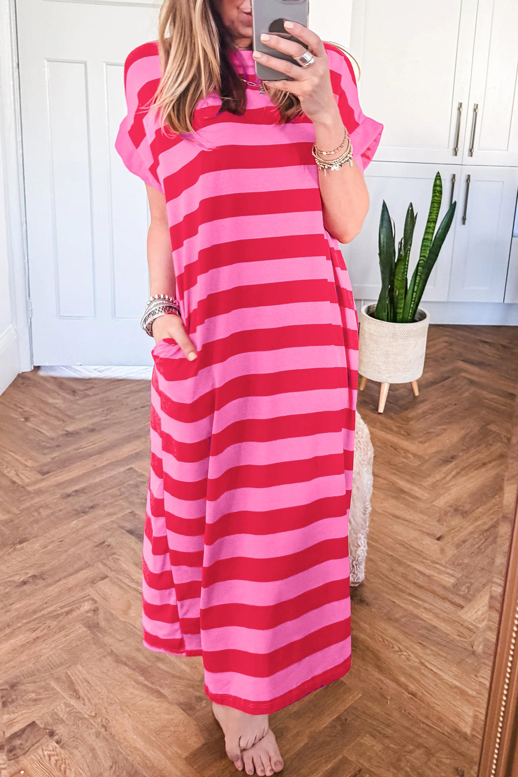 Orange Stripe Cuffed Short Sleeve Pocketed Casual T Shirt Long Dress