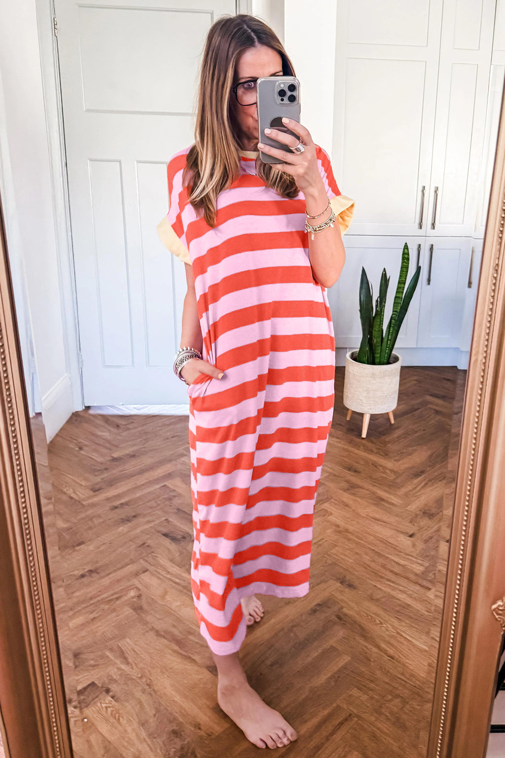 Orange Stripe Cuffed Short Sleeve Pocketed Casual T Shirt Long Dress