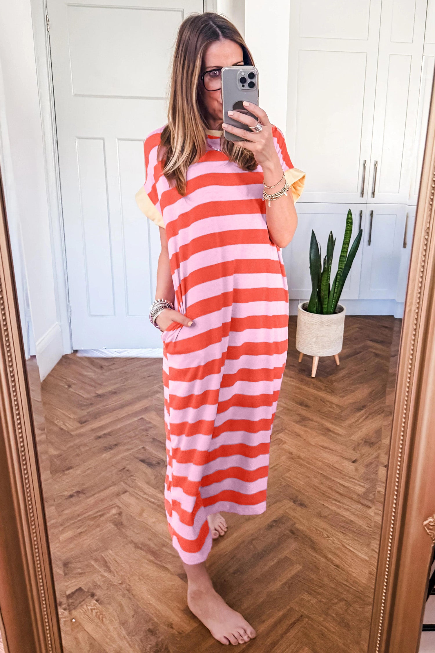 Orange Stripe Cuffed Short Sleeve Pocketed Casual T Shirt Long Dress