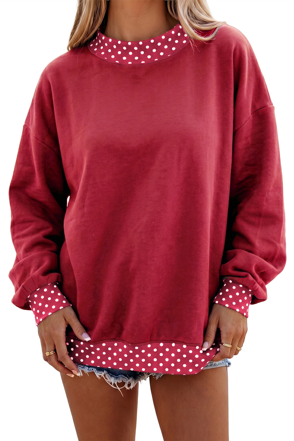 Burgundy Colorblock Polka Dot Contrast Trim Oversized Sweatshirt