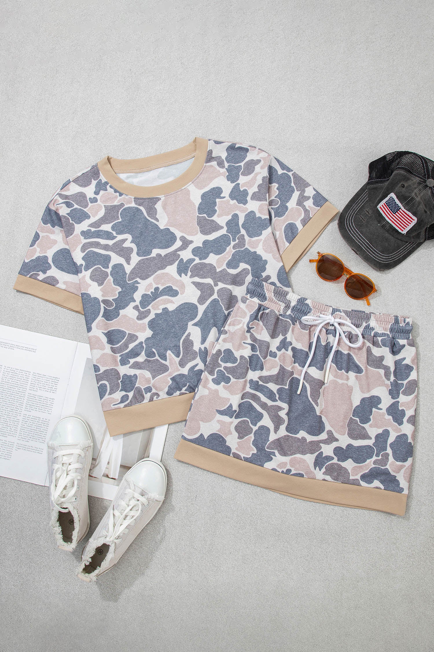 Multicolour Retro Camouflage Color Block Trim Skort 2pcs Outfit