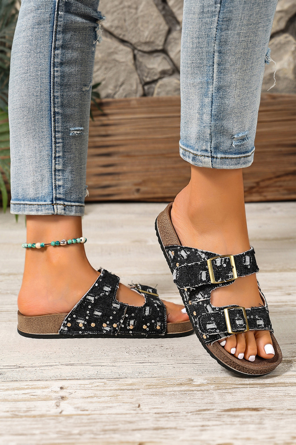 Color black Two-tone Flag Retro Buckle Straps Hollowed Faux Suede Slippers