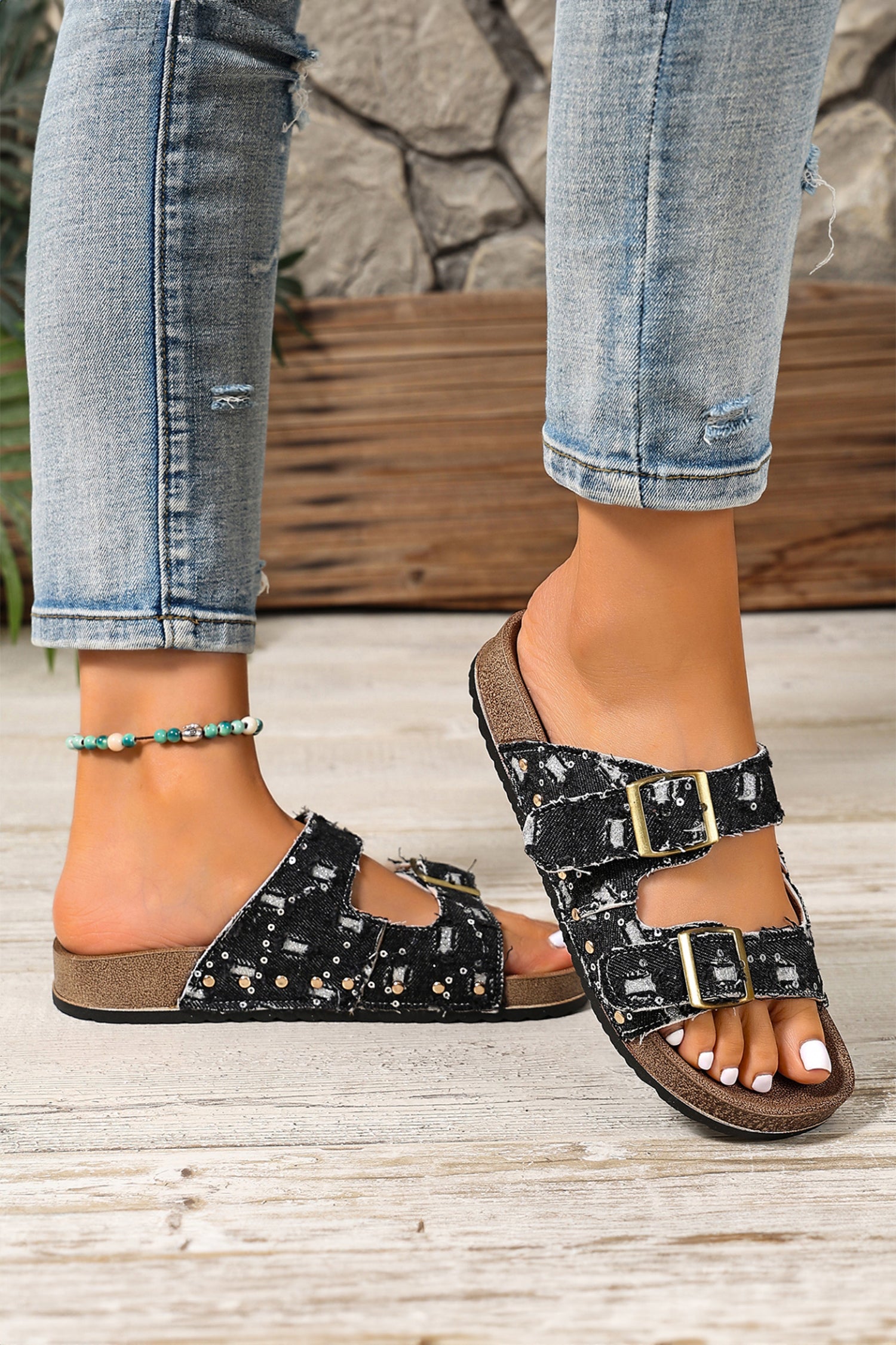 Color black Two-tone Flag Retro Buckle Straps Hollowed Faux Suede Slippers