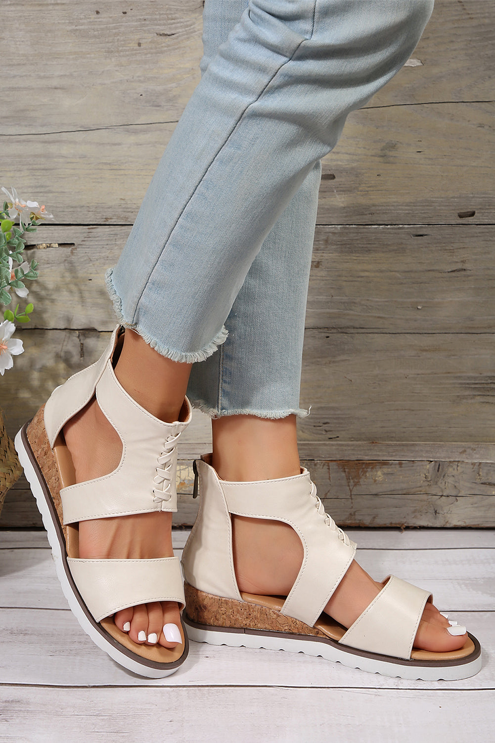 White Crisscross Detail Leather Wedge Gladiator Sandals