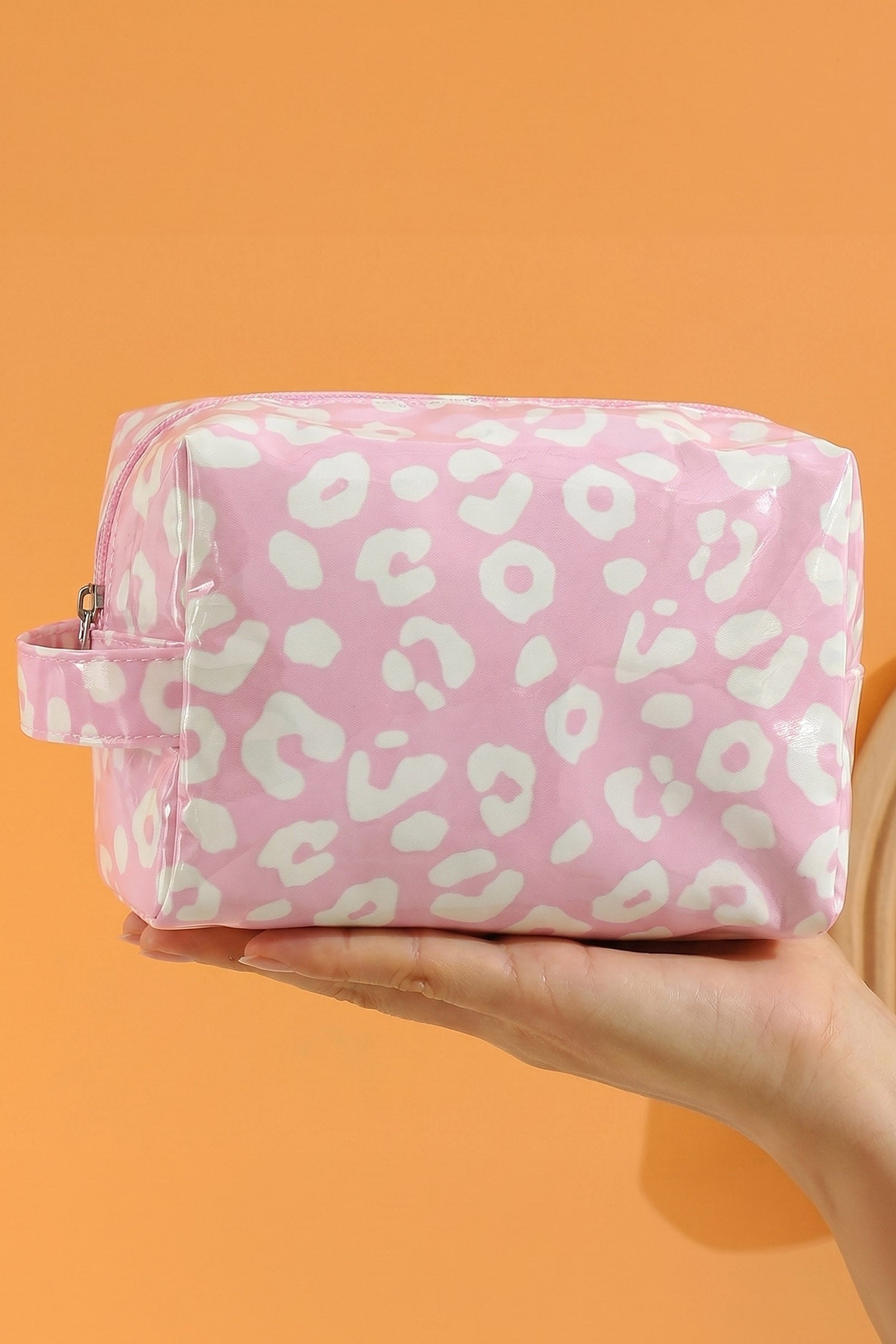 Light Pink Leopard Print PVC Travel Makeup Organizer Cosmetic Bag