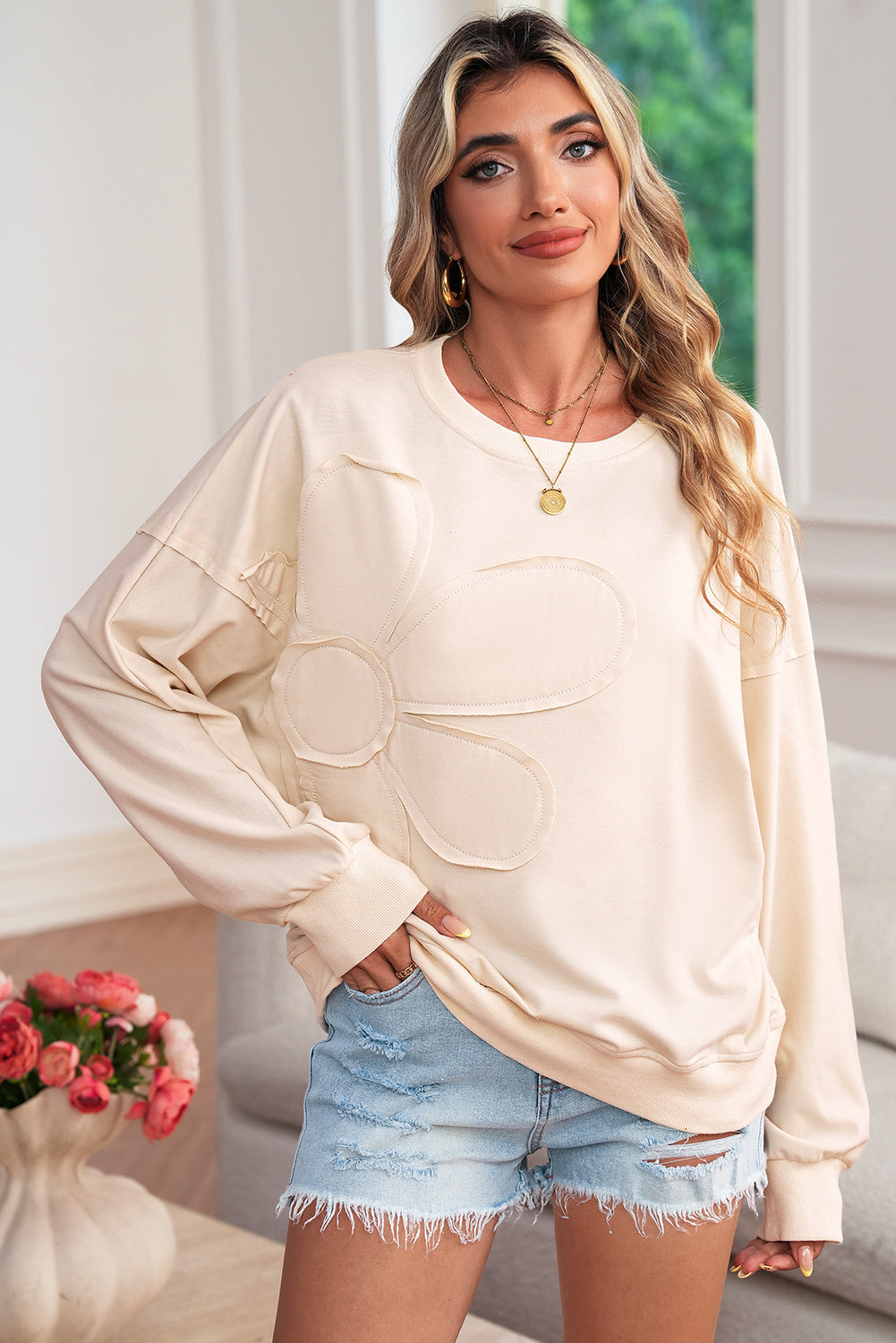 Smoke Green Raw Edge Flower Patch Drop Shoulder Long Sleeve Top