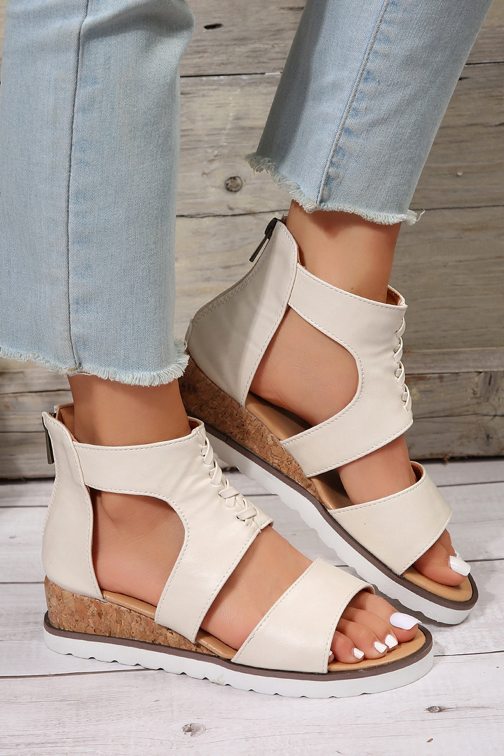 White Crisscross Detail Leather Wedge Gladiator Sandals