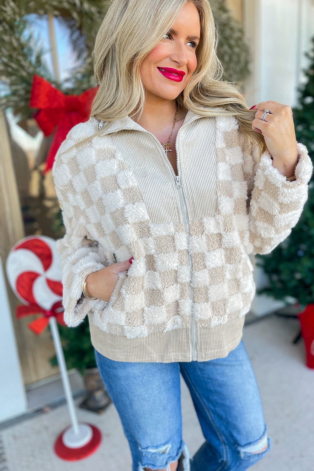 Khaki Checkered Sherpa Corduroy Patchwork Zip-up Collared Jacket