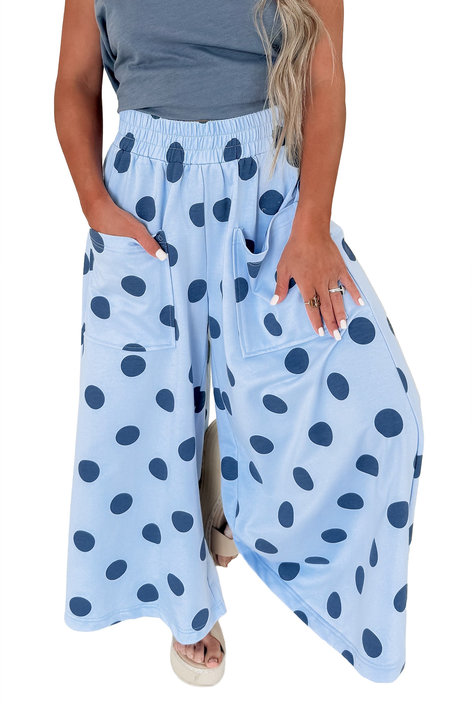Khaki Polka Dot Wide Leg Elastic Waist Casual Pants