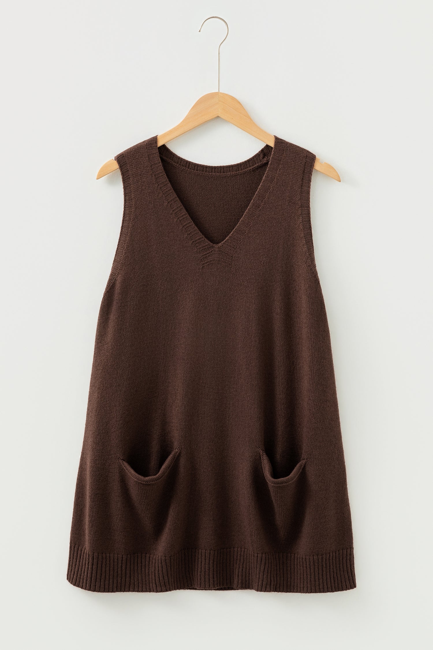 Delicacy Ribbed Deep V Neckline Front Pocketed Loose Tunic Sweater Vest