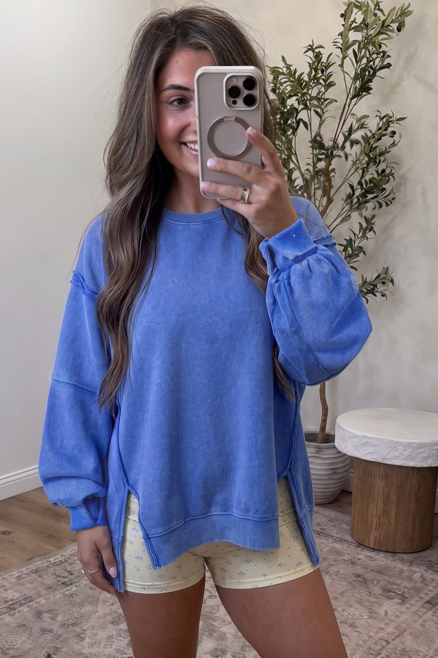 Sky Blue Mineral Wash Split Hem Loose Tunic Sweatshirt
